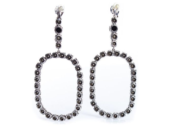 SAINT LAURENT, Orecchini pendenti ovali in cristallo XL Smoking Argento - vista 2