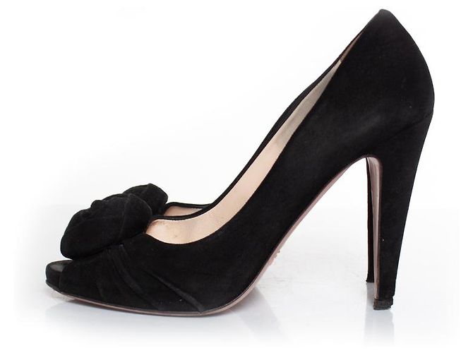 Prada, Décolleté open toe in camoscio con applicazione floreale Nero - vista 2