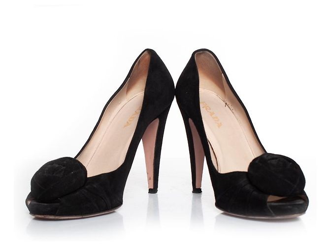 Prada, Décolleté open toe in camoscio con applicazione floreale Nero - vista 6