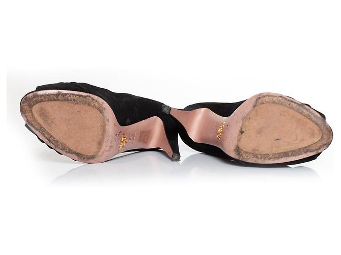 Prada, Décolleté open toe in camoscio con applicazione floreale Nero - vista 7