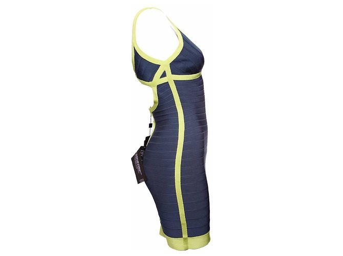 HERVE LEGER, vestido bodycon azul com moldura verde limão no tamanho S. - vista 2