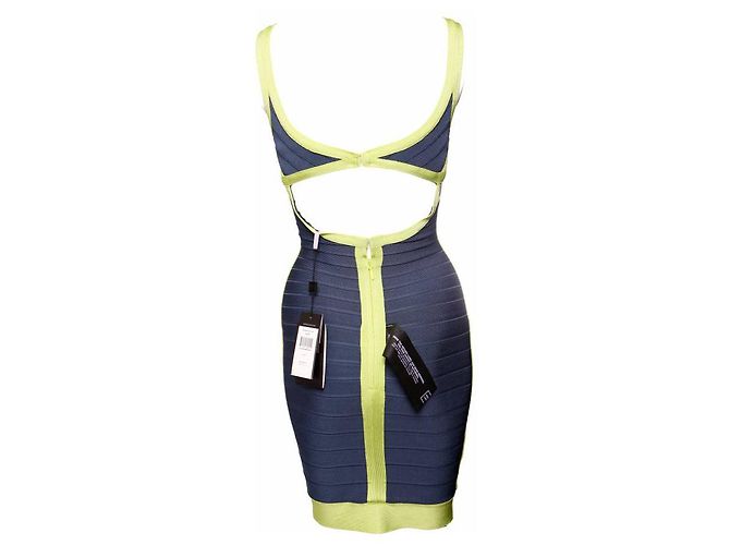 HERVE LEGER, vestido bodycon azul com moldura verde limão no tamanho S. - vista 3