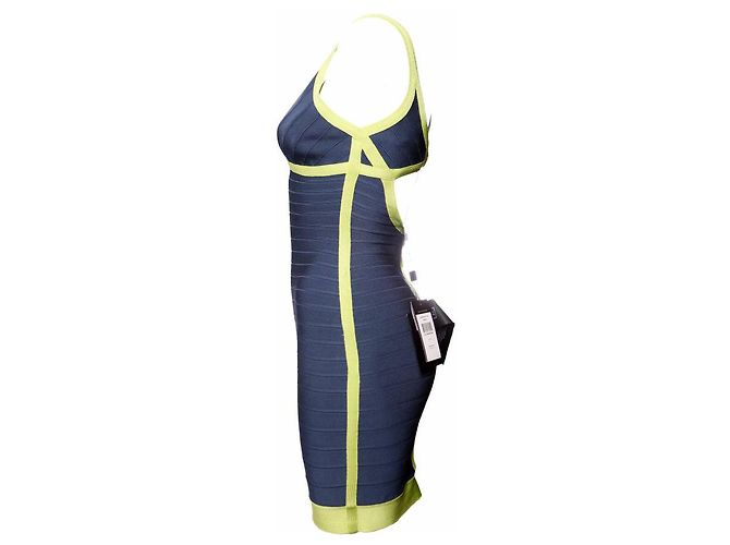 HERVE LEGER, vestido bodycon azul com moldura verde limão no tamanho S. - vista 4