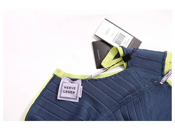 HERVE LEGER, vestido bodycon azul com moldura verde limão no tamanho S. - vista 5