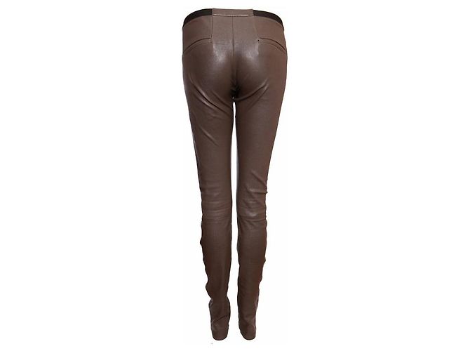 Helmut Lang, Pantalón de piel caqui. Castaño - vista 3