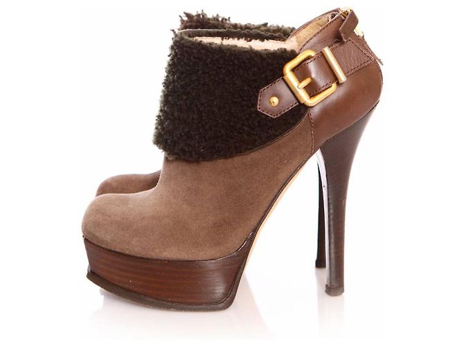 Fendi, Cavigliere in camoscio marrone con lana shearling - vista 2