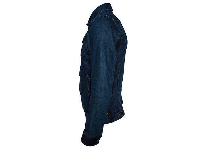 DIESEL, Giubbotto in denim blu con strisce gialle. - vista 2