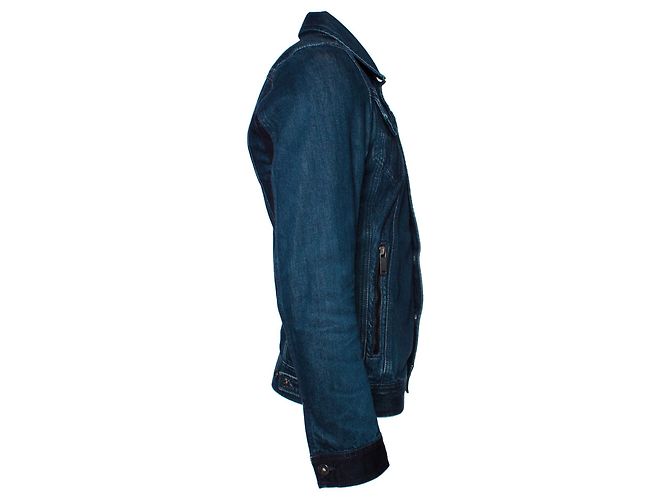 DIESEL, Giubbotto in denim blu con strisce gialle. - vista 4