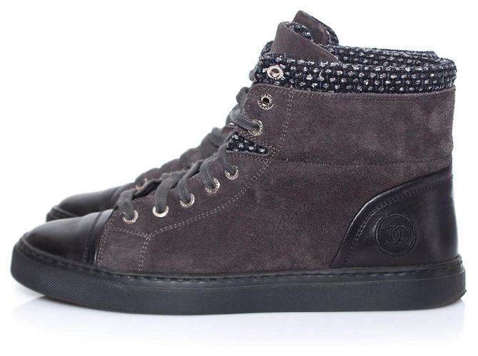 Chanel,  sneakers da tennis alte con logo cc e tweed Grigio - vista 2