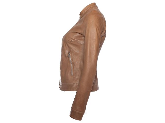 DOLCE & GABBANA, Jaqueta biker de couro taupe Marrom - vista 3