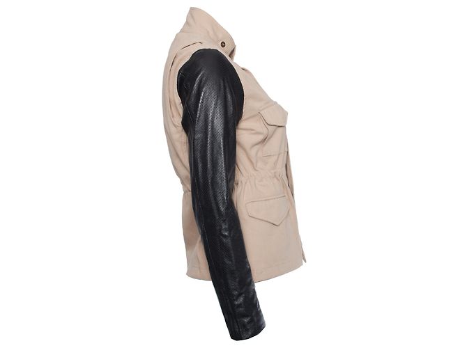 Autre Marque JET John Eshaya, Beige Jacke mit Lederärmeln. Braun Schwarz - Ansicht 2