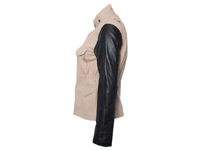 Autre Marque JET John Eshaya, Beige Jacke mit Lederärmeln. Braun Schwarz - Ansicht 4