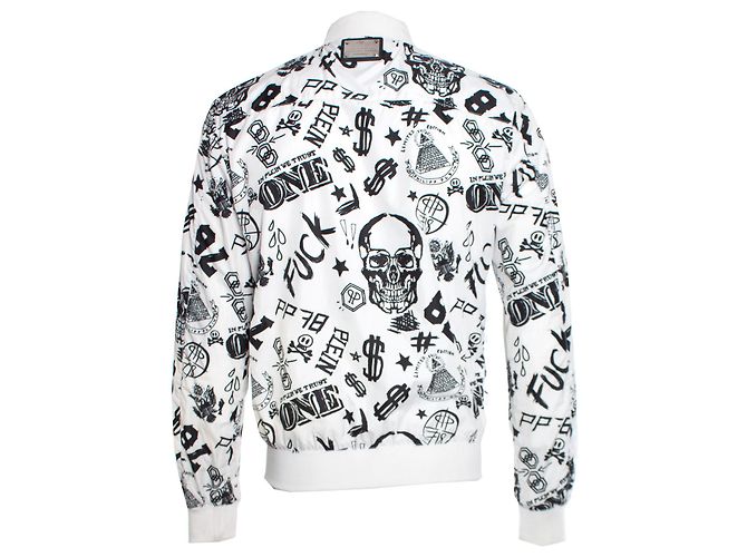 Bomber Philipp Plein bianco con dollaro nero/Cranio/schizzo del testo in dimensione L. - vista 3
