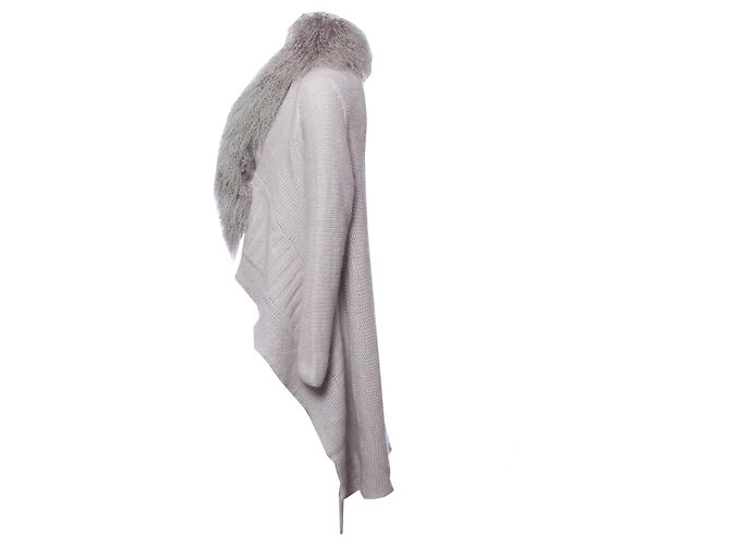 BLUMARINE, Grauer Woll-Cardigan mit Pelzkragen. - Ansicht 2