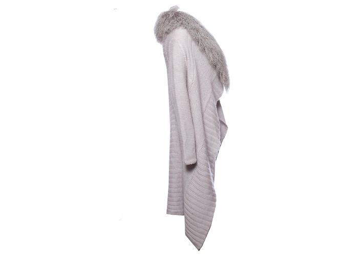 BLUMARINE, Grauer Woll-Cardigan mit Pelzkragen. - Ansicht 4