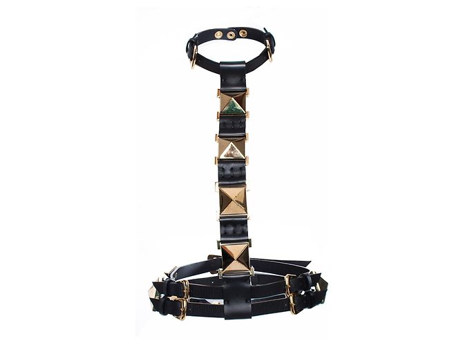 Giuseppe Zanotti, Black adjustable leather body belt with gold hardware in size S. Golden - view 2