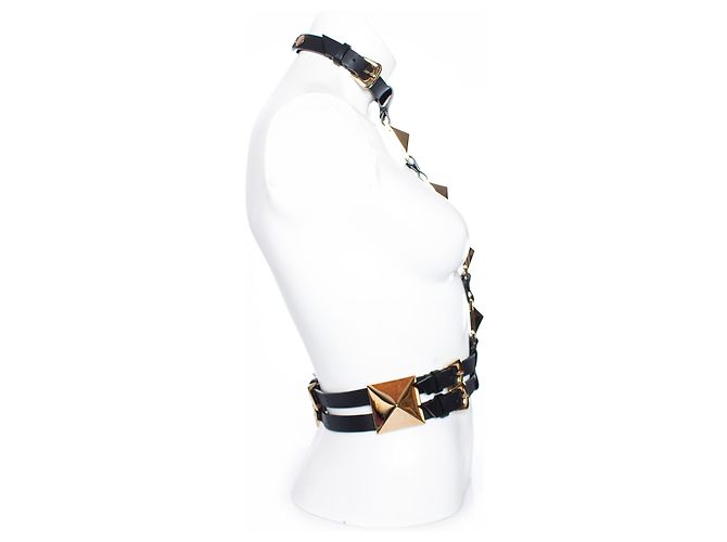 Giuseppe Zanotti, Black adjustable leather body belt with gold hardware in size S. Golden - view 3