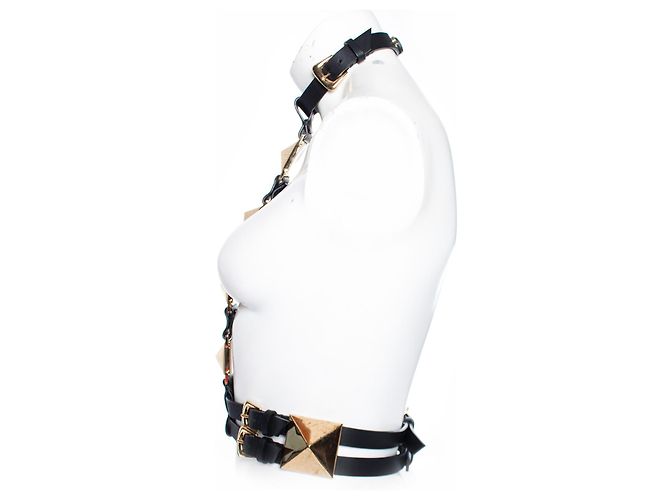 Giuseppe Zanotti, Black adjustable leather body belt with gold hardware in size S. Golden - view 5