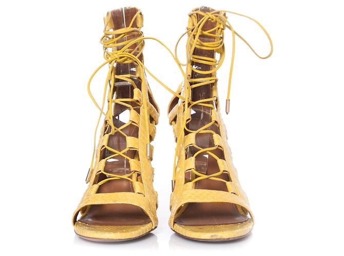 Aquazzura Acquazurra, Sandali stringati in pelle di pitone giallo. - vista 3
