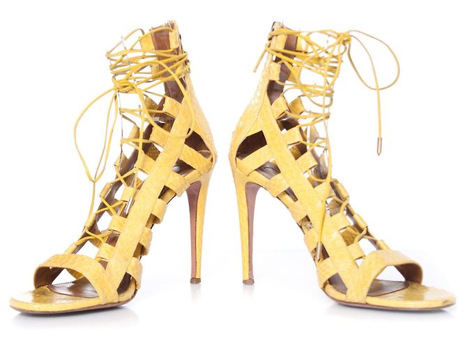 Aquazzura Acquazurra, Sandali stringati in pelle di pitone giallo. - vista 4