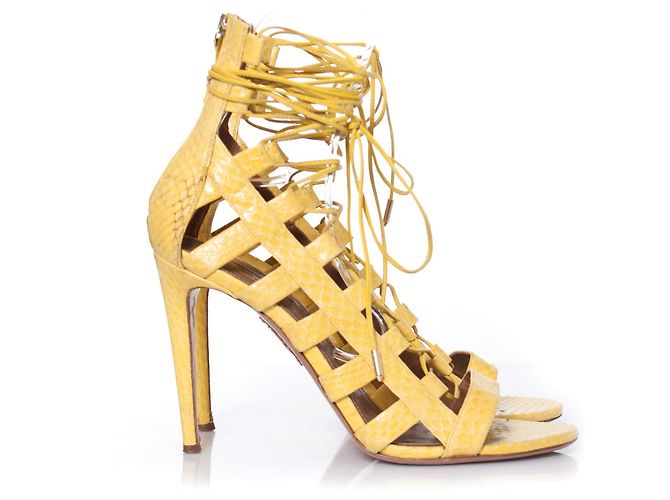 Aquazzura Acquazurra, Sandali stringati in pelle di pitone giallo. - vista 5