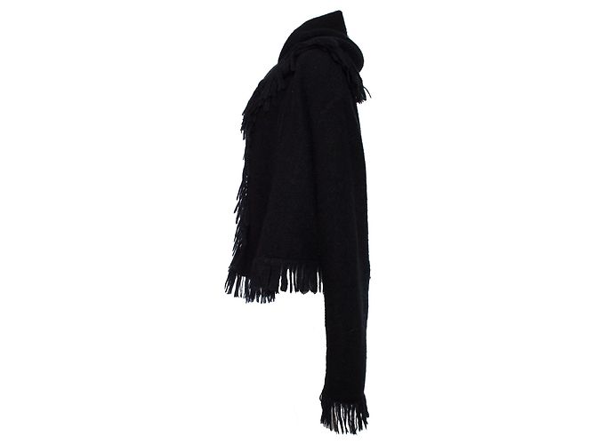 HERVE LEGER, Schwarzer Mohair-Cardigan mit Kapuze und Fransen. - Ansicht 4