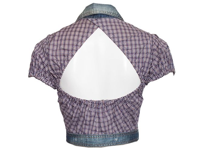 Dsquared2, Giacca cropped in denim con maniche a quadri Blu Multicolore - vista 2