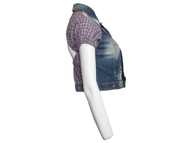 Dsquared2, Giacca cropped in denim con maniche a quadri Blu Multicolore - vista 3