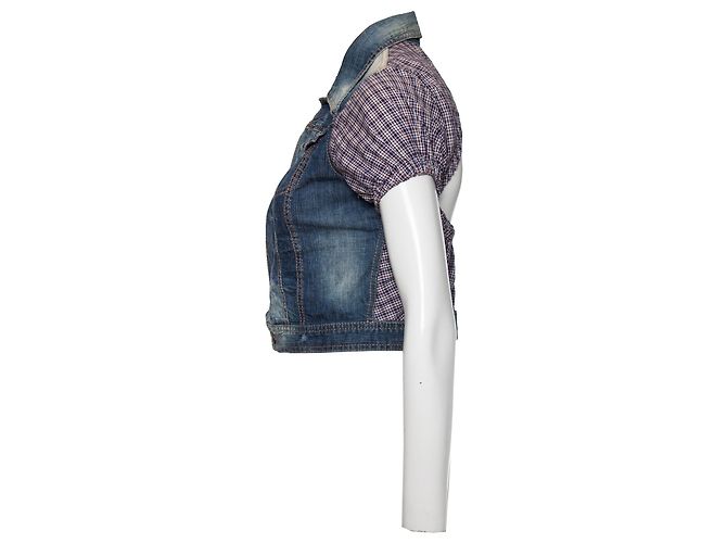 Dsquared2, Giacca cropped in denim con maniche a quadri Blu Multicolore - vista 4