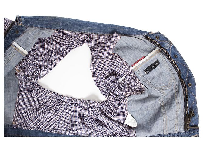 Dsquared2, Giacca cropped in denim con maniche a quadri Blu Multicolore - vista 5