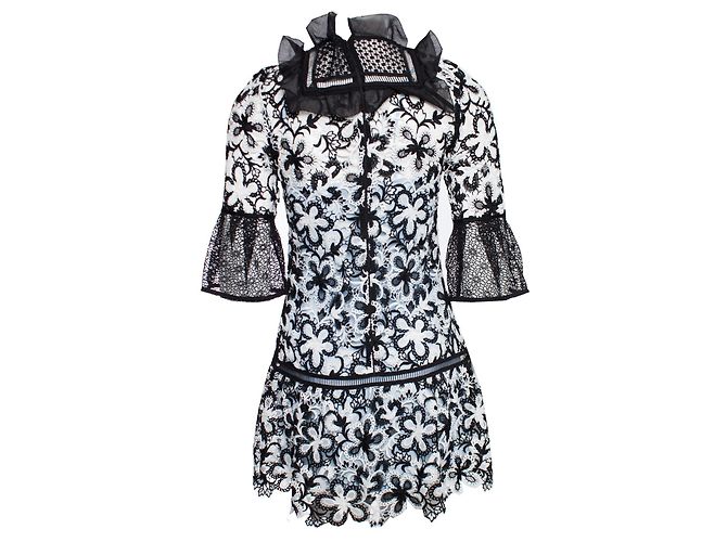 Autre Marque Selbstporträt, Schwarz-weißes Minikleid aus Spitze und Krepp - Ansicht 2