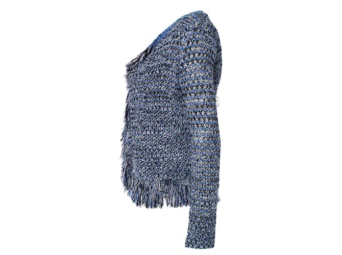 Maje, Gestrickter Fransen-Cardigan mit Lurex. Blau - Ansicht 3