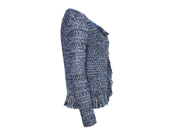 Maje, Gestrickter Fransen-Cardigan mit Lurex. Blau - Ansicht 4