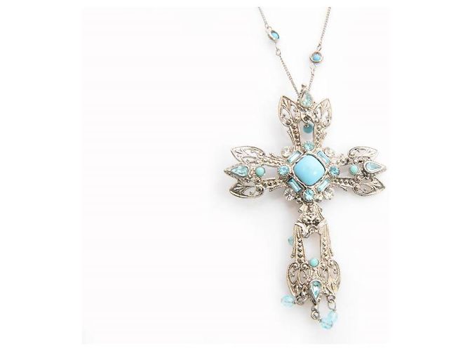 DOLCE & GABBANA, Halskette mit silbernem Kreuz und blauen Steinen. - view 3