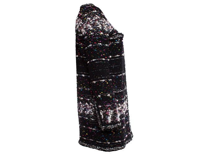 Chanel, Schwarzer Bouclé-Mantel mit mehrfarbigem Webmuster Mehrfarben - Ansicht 3