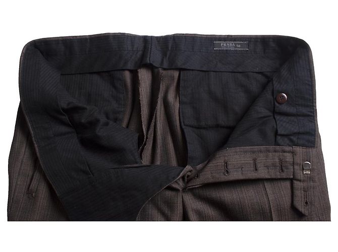 Prada, Pantalón de lana a rayas marrón oscuro. Castaño - vista 6