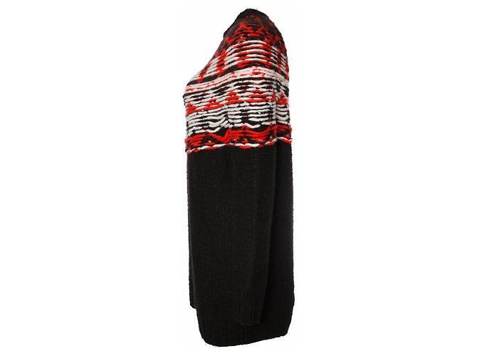 Autre Marque Denham, schwarzer Wollpullover mit Rot/Weiß um den Hals in Größe S. - Ansicht 2
