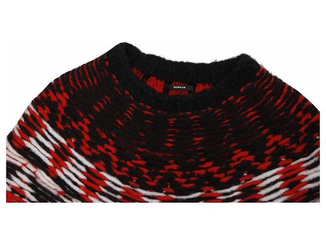 Autre Marque Denham, schwarzer Wollpullover mit Rot/Weiß um den Hals in Größe S. - Ansicht 5