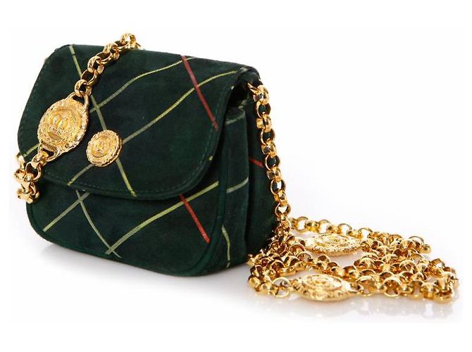 Escada Margeretha Ley, Vintage grüne Wildledertasche mit goldener Kette. - Ansicht 4