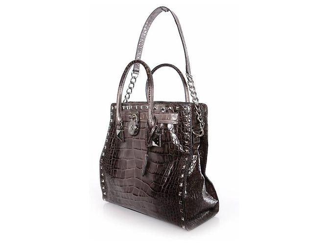 Michael Kors, Borsa tote Hamilton grigia con stampa coccodrillo e hardware argentato. Grigio - vista 2