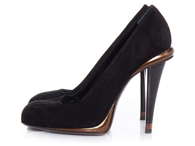 Fendi, décolleté in camoscio nero e bronzo. - vista 2
