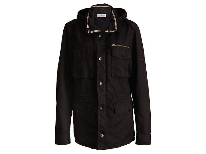 Stone Island STEININSEL, schwarzer Wind/Regenjacke mit Kapuze und verstellbarem Bund in Größe XL. - Ansicht 2