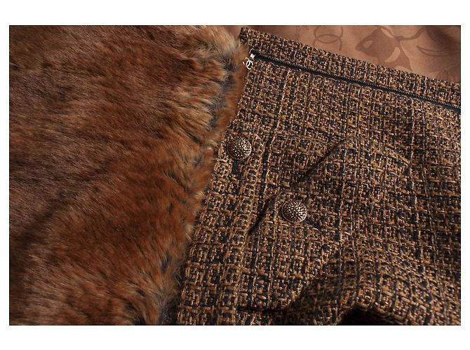 Chanel, Tweedmantel mit Fellimitat Braun - Ansicht 8