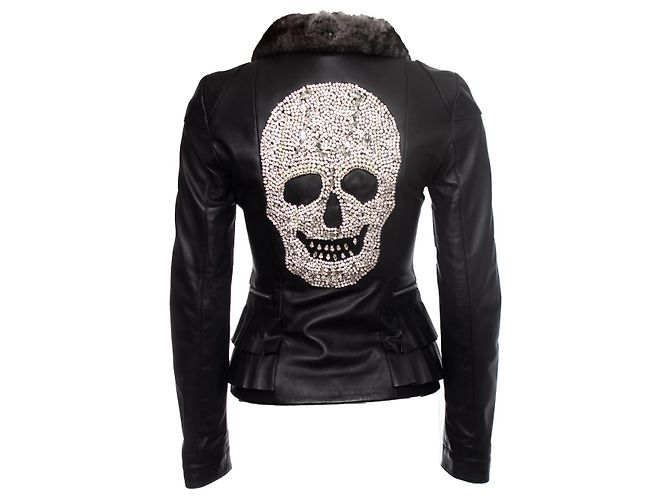 Philipp Plein, Lederjacke mit Kristallschädel Schwarz - Ansicht 2