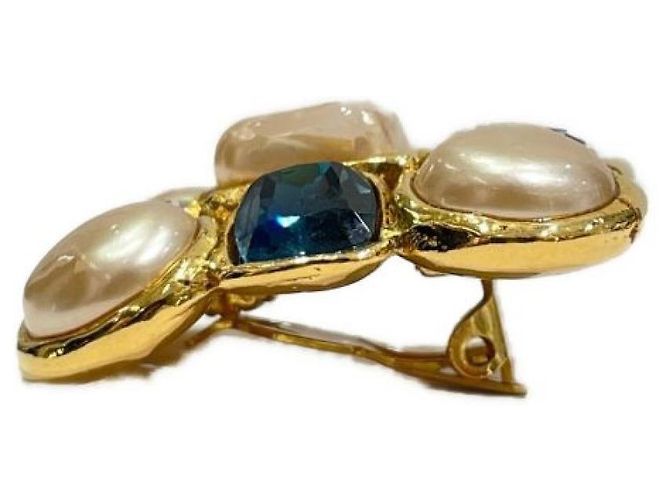 ***CHANEL Vintage-Perlen-Strass-Ohrringe Weiß Blau Golden - Ansicht 7