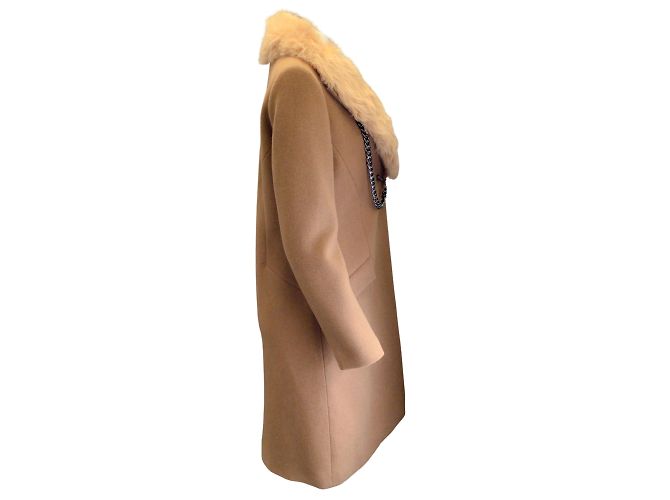 Sass & Bide Tan Shearling Collar Chain Detail Somewhere Here Wool Coat Camel - view 2