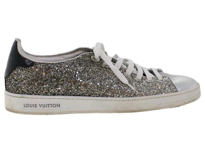 LOUIS VUITTON Baskets à paillettes Front Low Line en cuir 38.5 Argent LV Authak199 Noir Argenté - vue 12