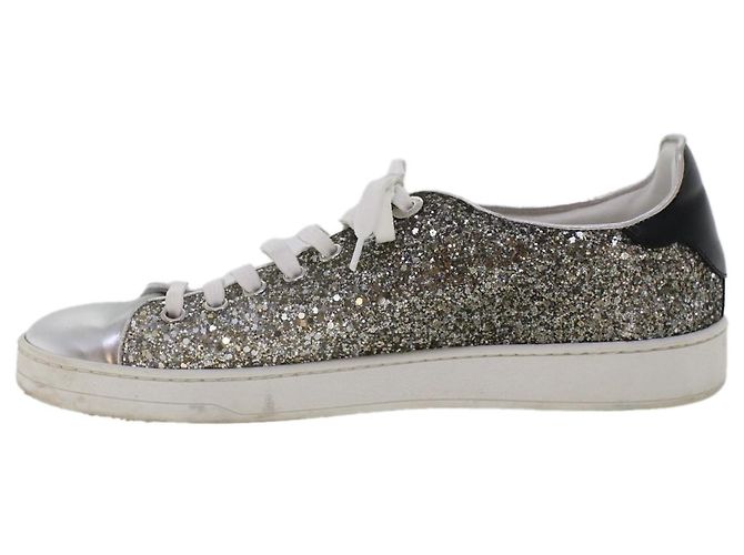 LOUIS VUITTON Baskets à paillettes Front Low Line en cuir 38.5 Argent LV Authak199 Noir Argenté - vue 13