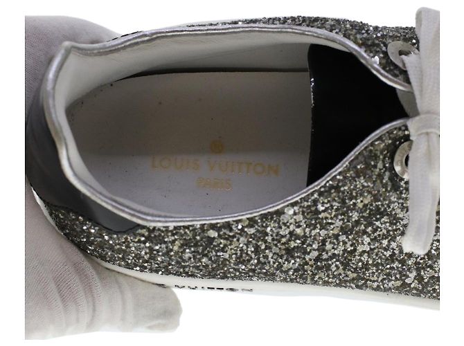 LOUIS VUITTON Baskets à paillettes Front Low Line en cuir 38.5 Argent LV Authak199 Noir Argenté - vue 17