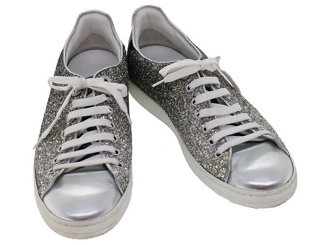 LOUIS VUITTON Baskets à paillettes Front Low Line en cuir 38.5 Argent LV Authak199 Noir Argenté - vue 2
